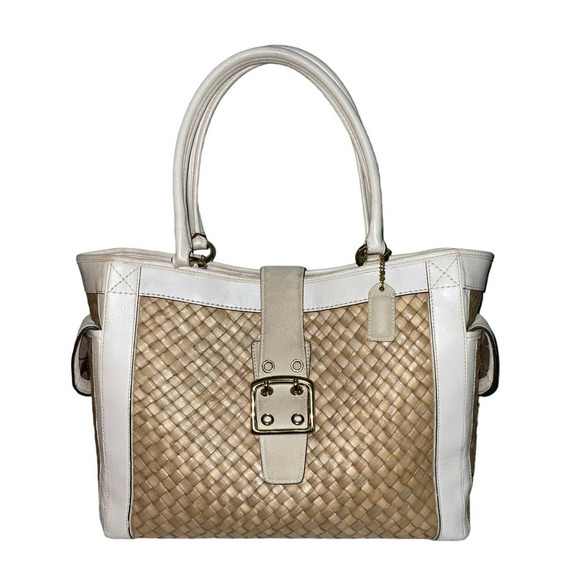 COACH Handbag Tote Bag Straw Cream Leather Suede Brass Purse Bag - Picture 1 of 16